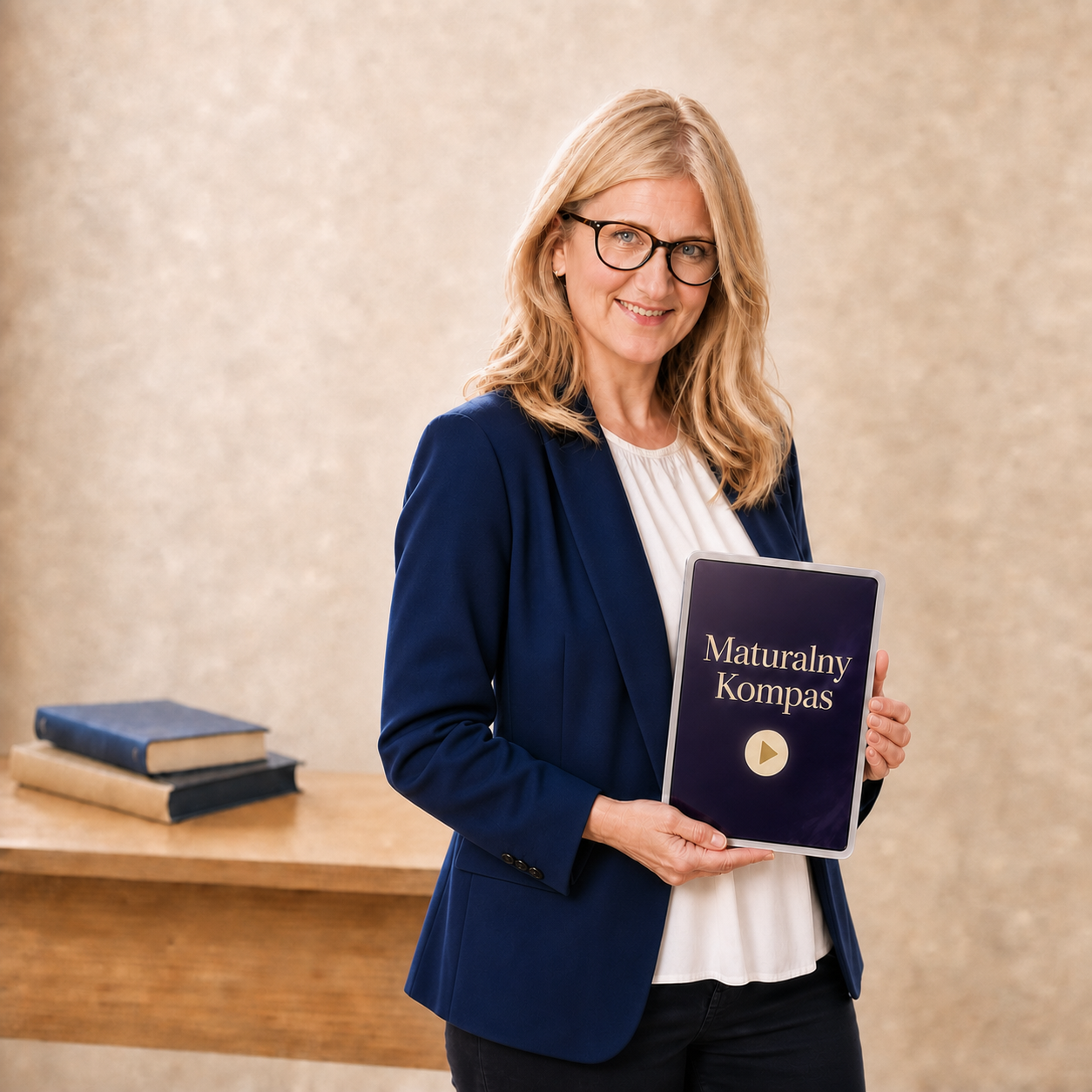 Anka, nauczycielka języka polskiego, z tabletem Maturalny Kompas