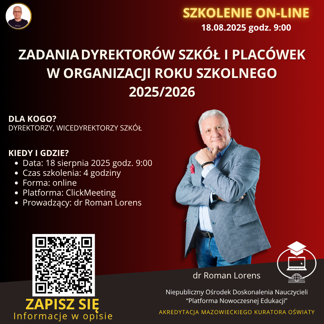 SZKOLENIE: Zadania dyrektorów szkół i placówek w organizacji roku szkolnego 2025/2026 (2025-08-18)