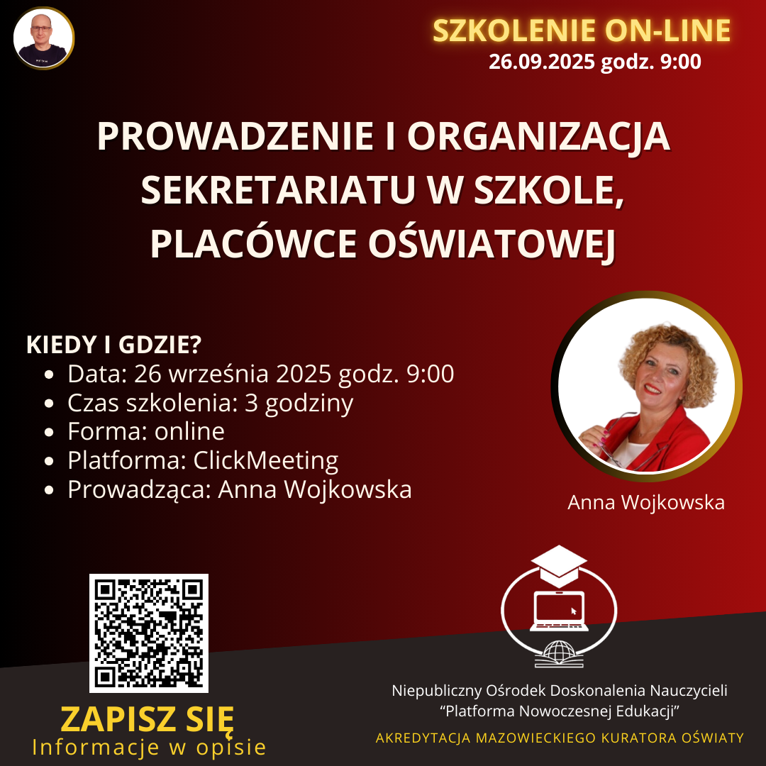SZKOLENIE: Prowadzenie i organizacja sekretariatu w szkole, placówce oświatowej. (2025-09-26)