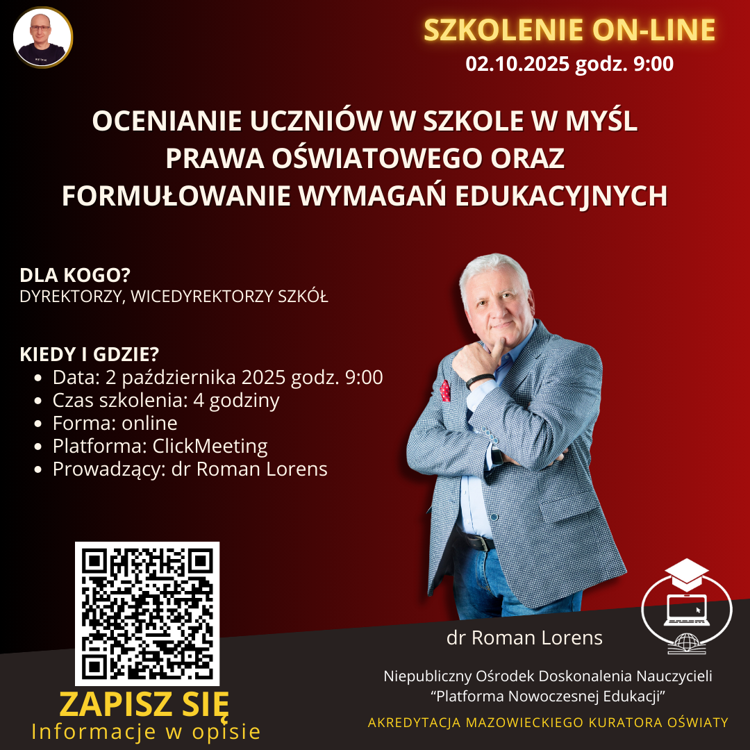 SZKOLENIE: Ocenianie uczniów w szkole w myśl prawa oświatowego oraz formułowanie wymagań edukacyjnych. (2025-10-02)