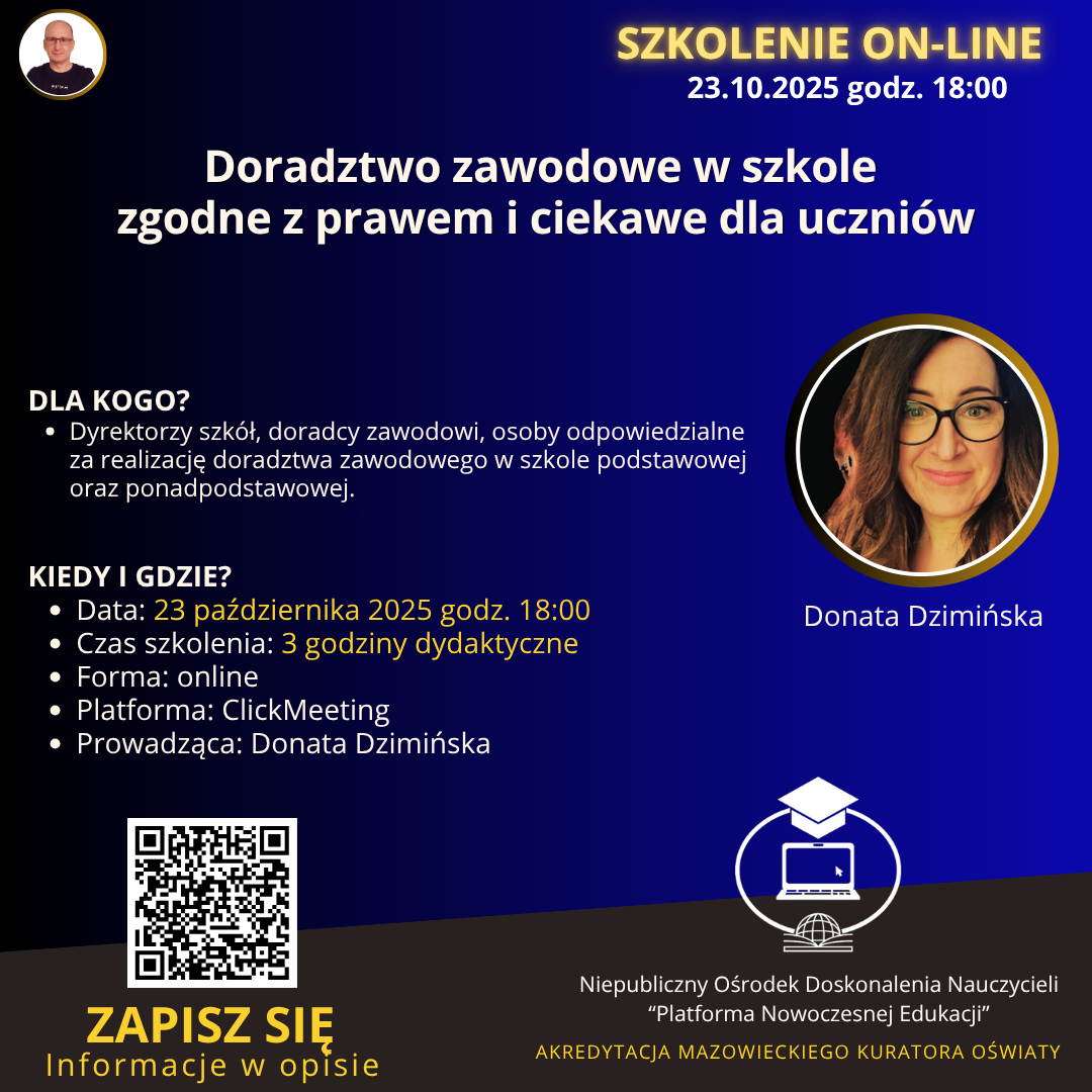 SZKOLENIE: Doradztwo zawodowe w szkole zgodne z prawem i ciekawe (wartościowe) dla uczniów. (2025-10-23)