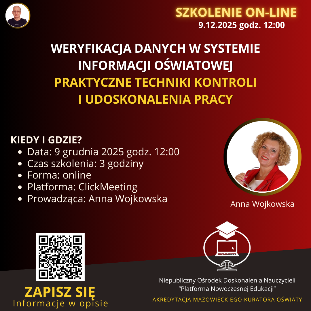 SZKOLENIE: Weryfikacja danych w Systemie Informacji Oświatowej – praktyczne techniki kontroli i udoskonalenia pracy. (2025-12-09)