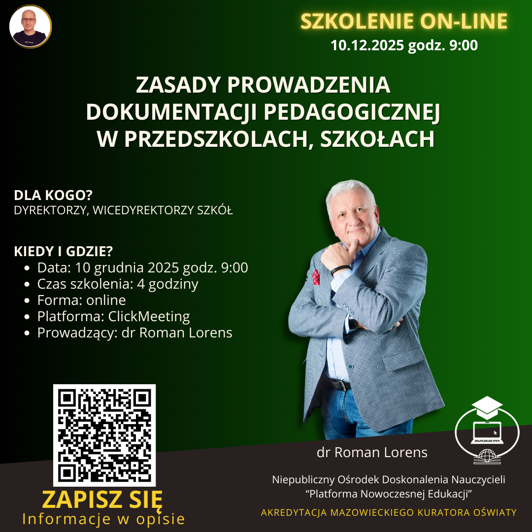 SZKOLENIE: Zasady prowadzenia dokumentacji pedagogicznej w przedszkolach, szkołach i zespołach szkół. (2025-12-10)