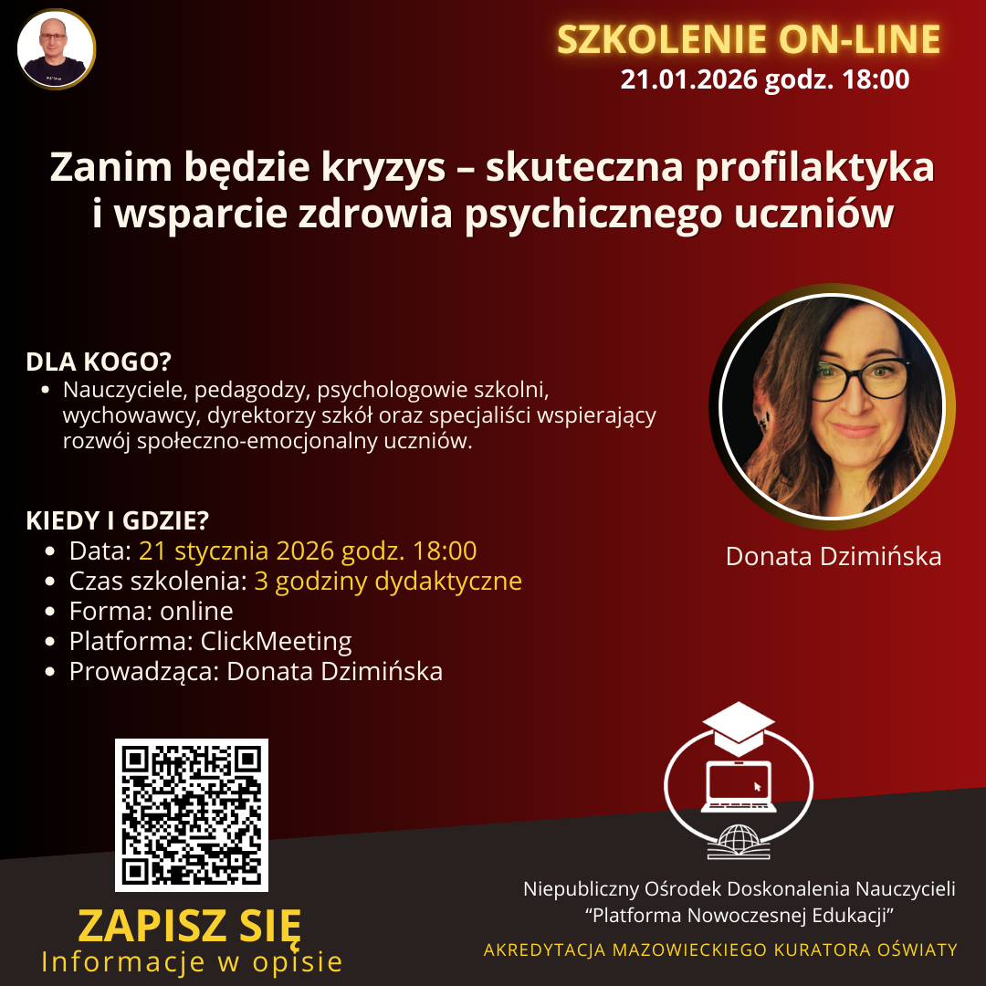 SZKOLENIE: Zanim będzie kryzys – skuteczna profilaktyka i wsparcie zdrowia psychicznego uczniów. (2026-01-21)