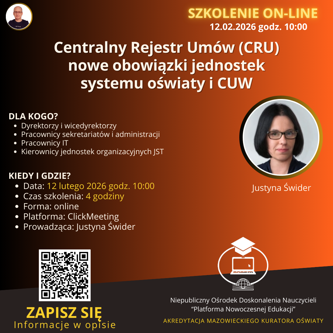 SZKOLENIE: Centralny Rejestr Umów (CRU) – nowe obowiązki jednostek systemu oświaty i CUW. (2026-02-12)