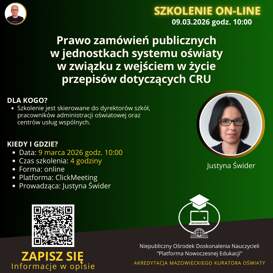 SZKOLENIE: Prawo zamówień publicznych w jednostkach systemu oświaty w związku z wejściem w życie przepisów dotyczących Centralnego Rejestru Umów. (2026-03-09)