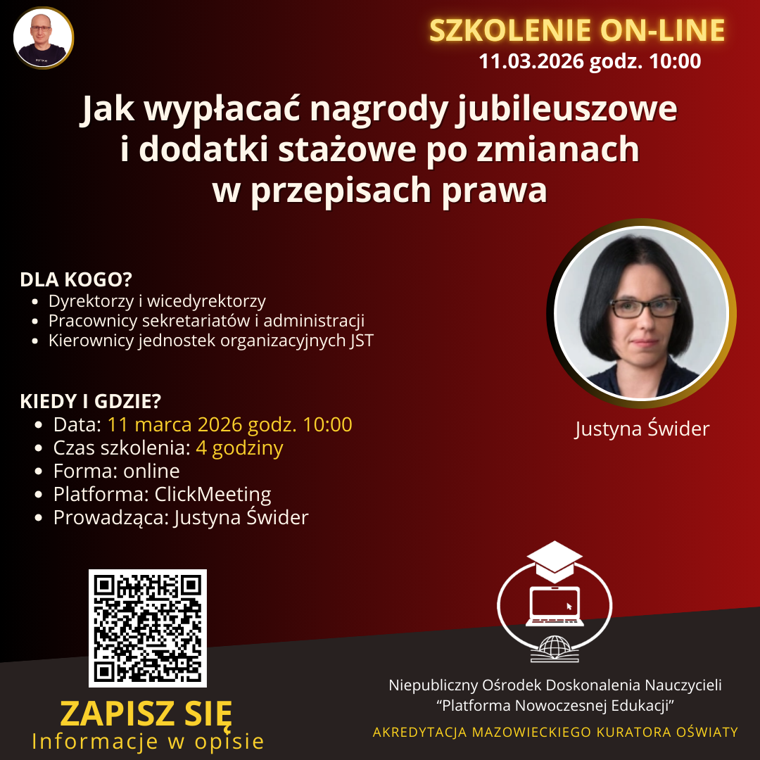 SZKOLENIE: Jak wypłacać nagrody jubileuszowe i dodatki stażowe po zmianach w przepisach prawa. (2026-03-11)