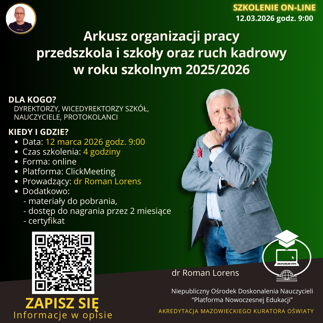 SZKOLENIE: Arkusz organizacji pracy przedszkola i szkoły oraz ruch kadrowy w roku szkolnym 2026/2027 (2026-03-12)