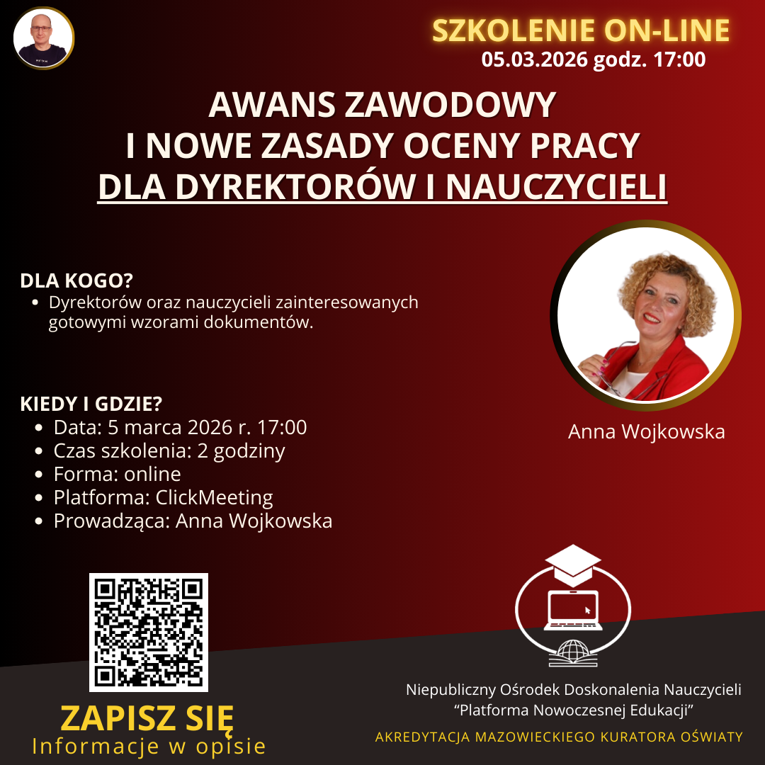 SZKOLENIE: Szkolenie dla dyrektorów i nauczycieli – Awans zawodowy i nowe zasady oceny pracy. (2026-03-05)