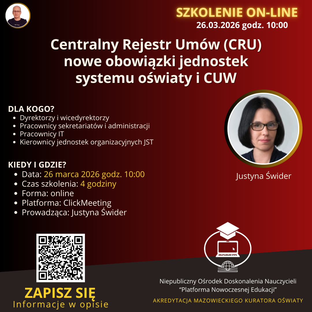 SZKOLENIE: Centralny Rejestr Umów (CRU) – nowe obowiązki jednostek systemu oświaty i CUW. (2026-03-26)