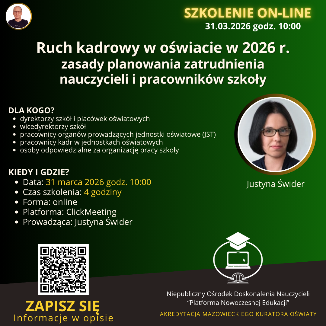 SZKOLENIE: Ruch kadrowy w oświacie w 2026 r. – zasady planowania zatrudnienia nauczycieli i pracowników szkoły. (2026-03-31)