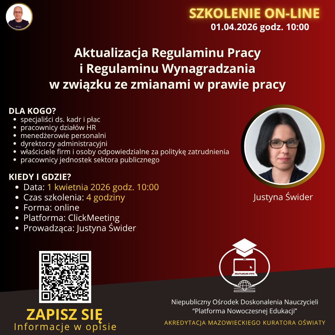 SZKOLENIE: Aktualizacja Regulaminu Pracy i Regulaminu Wynagradzania w związku ze zmianami w prawie pracy. (2026-04-01)