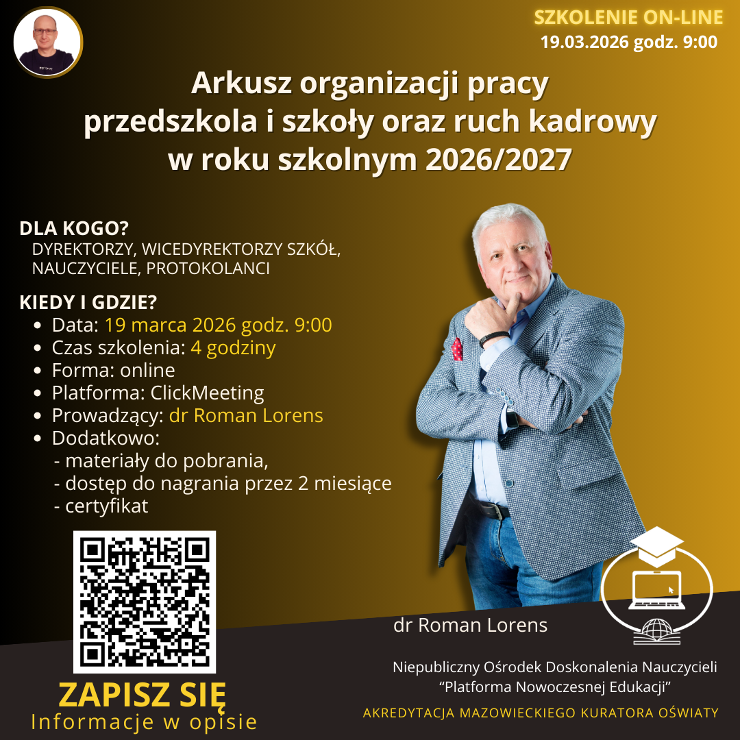 SZKOLENIE: Arkusz organizacji pracy przedszkola i szkoły oraz ruch kadrowy w roku szkolnym 2026/2027. (2026-03-19)
