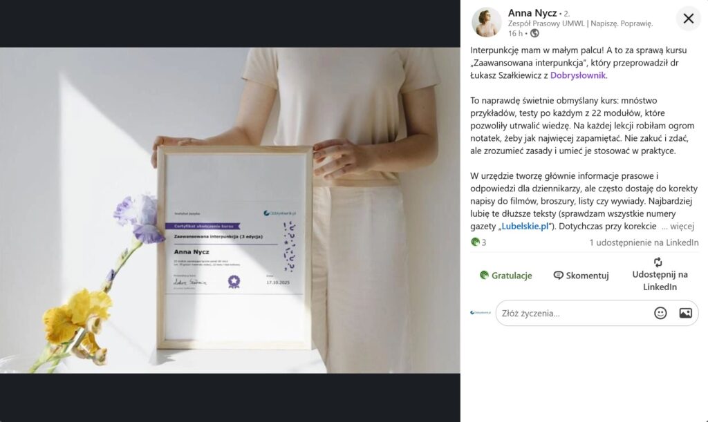 Certyfikat ukończenia kursu od Dobrego słownika opublikowany na LinkedIn