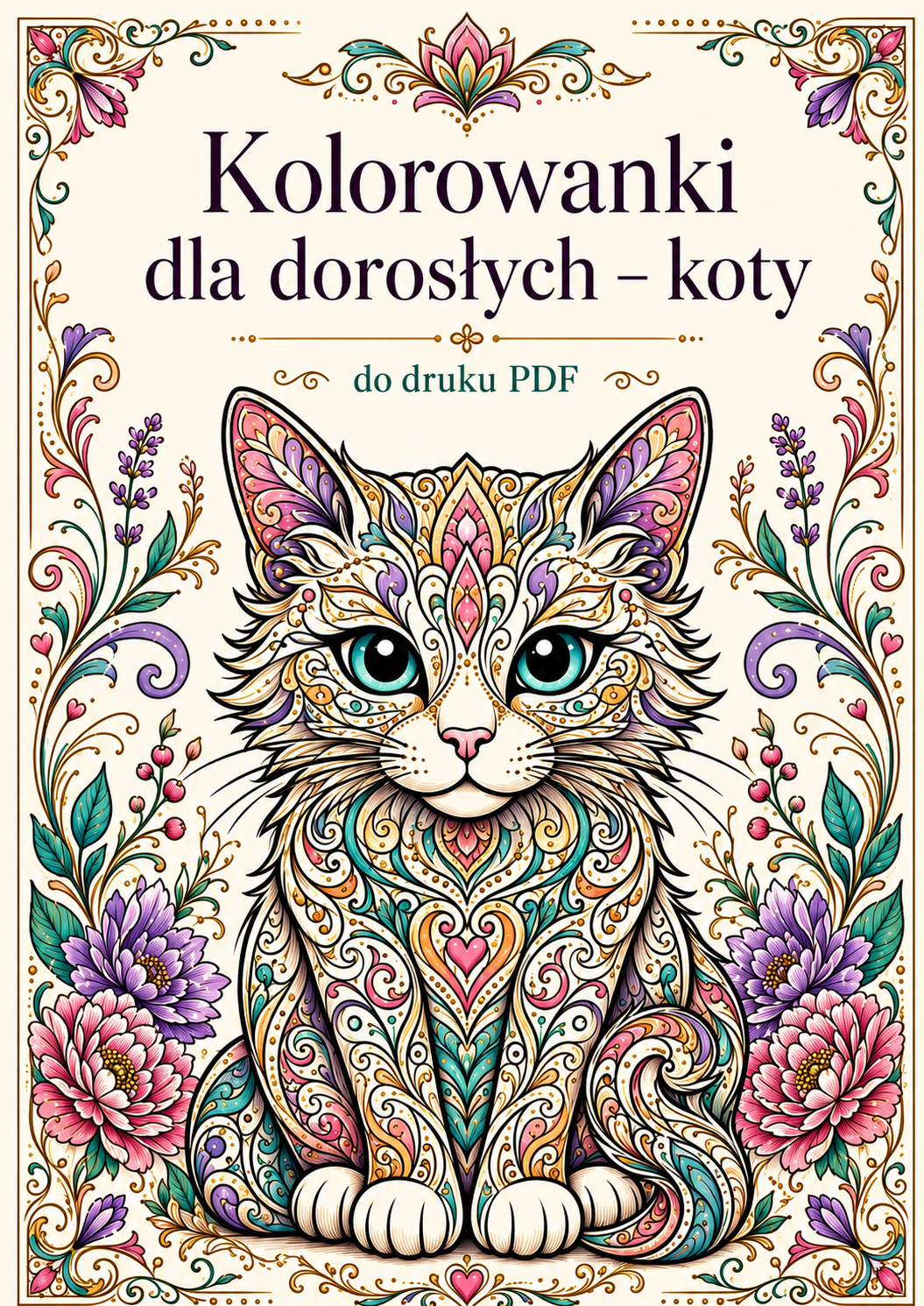 Koty kolorowanki dla dorosłych PDF – przykładowe kocie ilustracje do samodzielnego wydruku