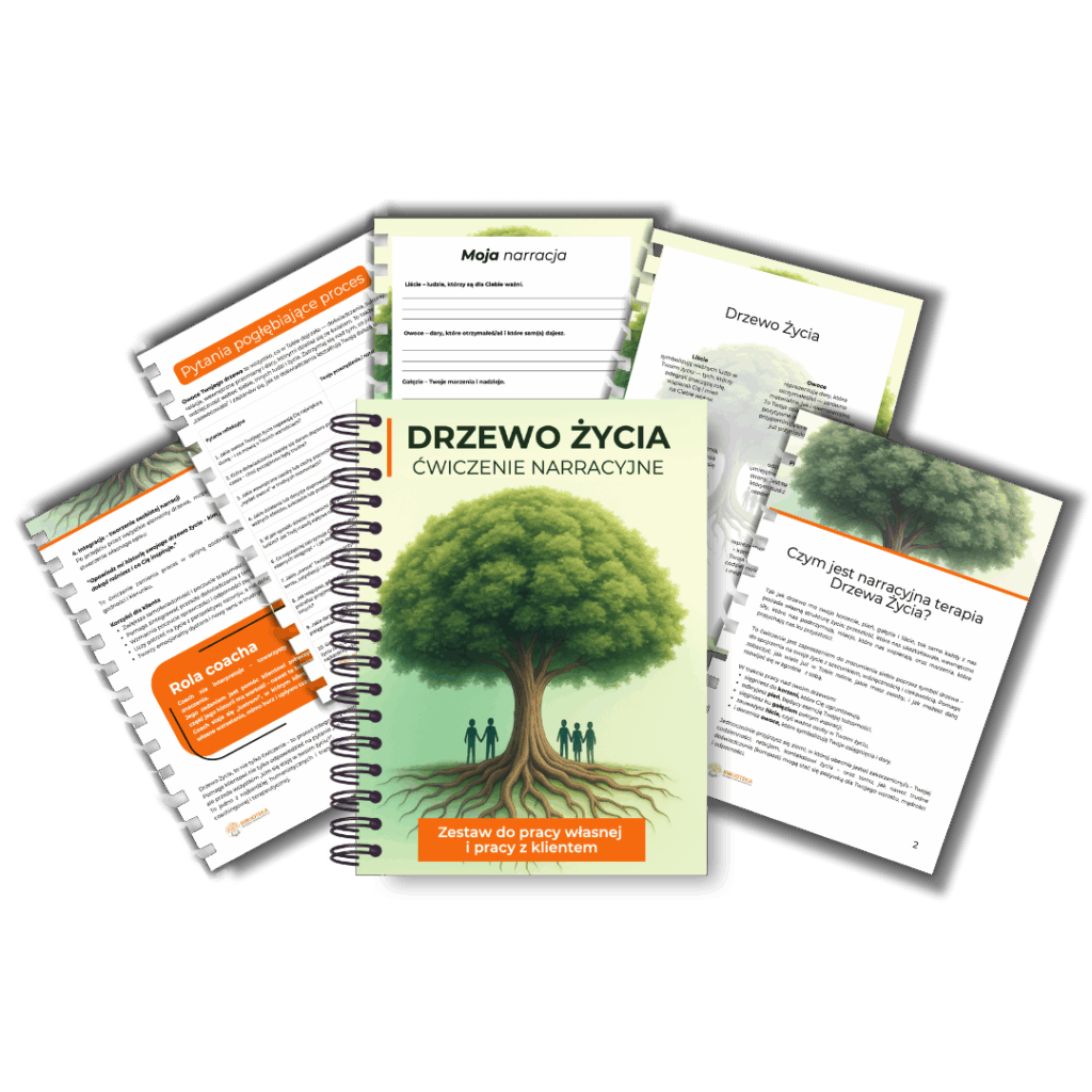Okładka ebooka „Drzewo Życia – ćwiczenie narracyjne”. Na ilustracji zielone drzewo z widocznymi korzeniami i sylwetkami ludzi symbolizujące rozwój i połączenie. Wokół okładki widoczne są karty pracy z pytaniami i opisami ćwiczeń. Ebook zawiera 63 strony do pracy własnej i z klientem – narzędzie dla coachów, terapeutów i osób w rozwoju osobistym.