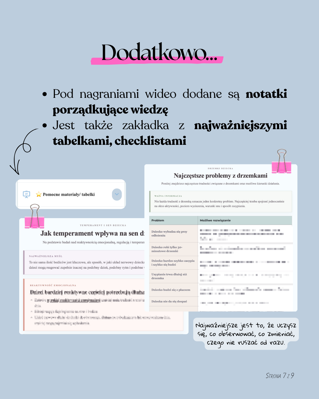 Notatki, tabelki, checklisty i dodatkowe materiały w kursie