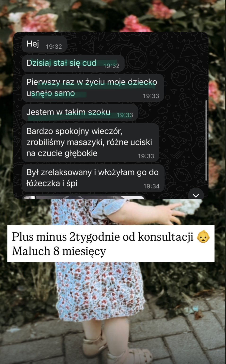 Wiadomość rodzica opisująca poprawę snu dziecka