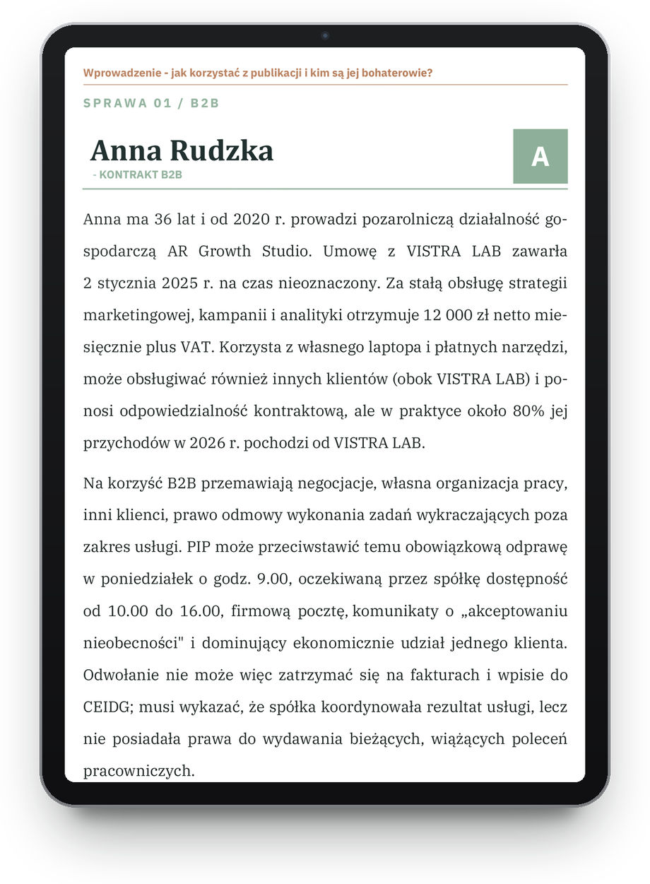 Fragment e-booka na tablecie: otwarcie sprawy Anny Rudzkiej, kontrakt B2B